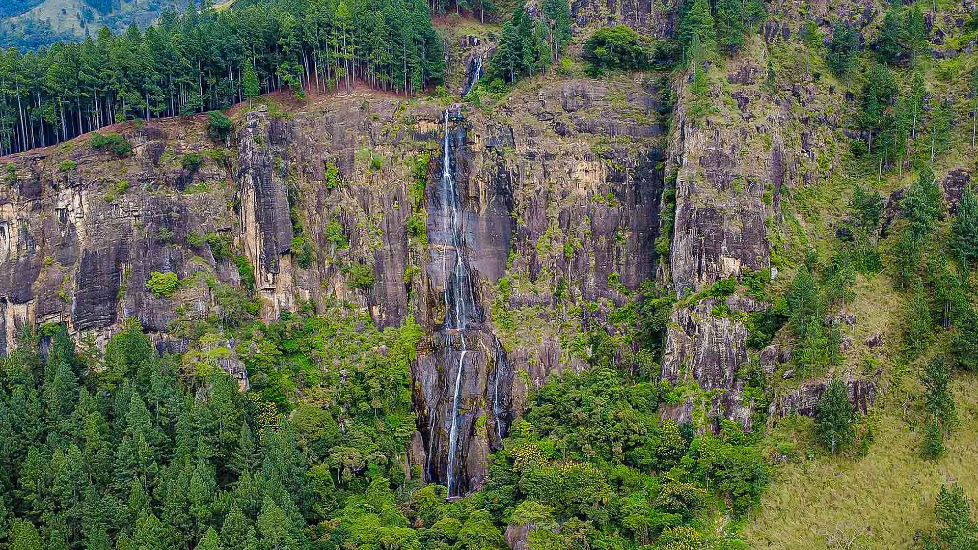 Bambarakanda Waterfall dropping 241 meters in a thin white cascade in Badulla District